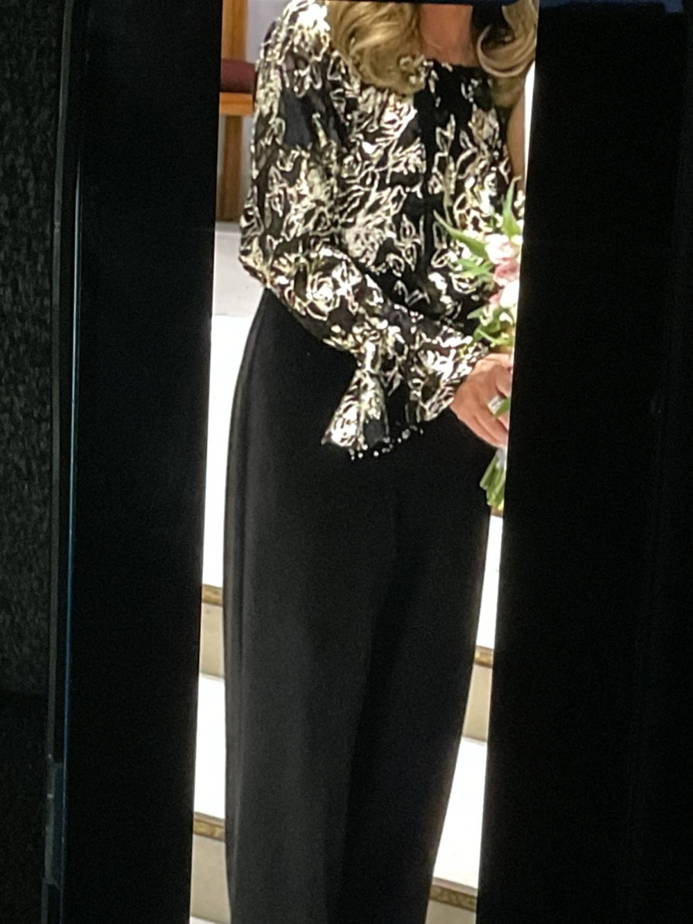 Adrianna Papell - Off-Shoulder Floral Blouse & Black Wide-Leg Pants Jumpsuit - Picture 6 of 8